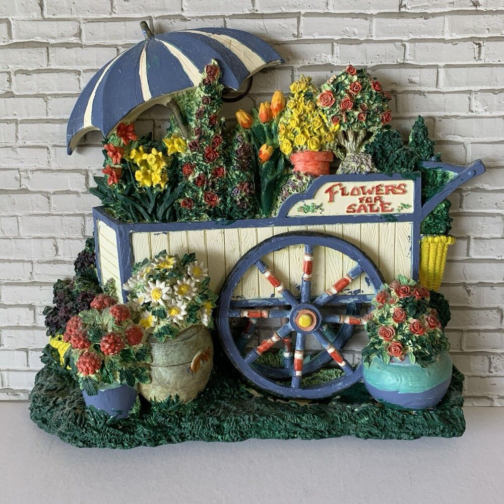 Vintage Lefton Hand Painted Flower Cart Wall Decor 1994 Textured Garden Art